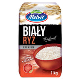 Package of Melvit - Thailand White Rice - 400g, labeled as premium and ready in 15 minutes, weighing 1 kg.